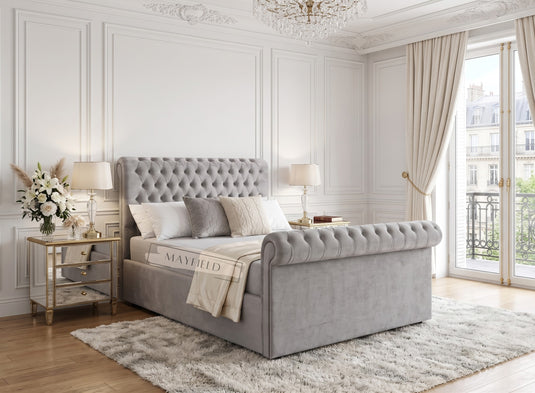 Stylish Velvet Chesterfield Sleigh Bed Frame Ottoman Storage Options
