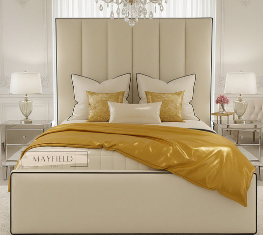 Luxury Paneled Bed Contrast Black Piping With mattress and Ottoman Storage Options