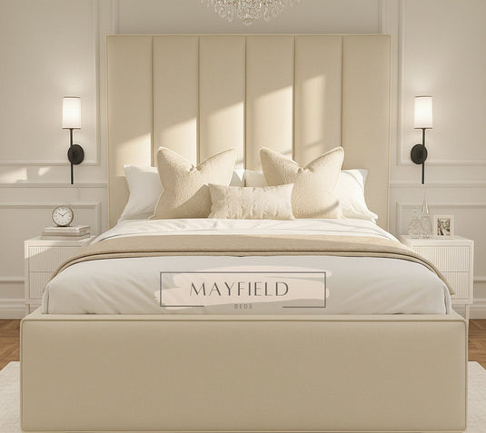 Luxury Paneled Bed Contrast Black Piping With mattress and Ottoman Storage Options