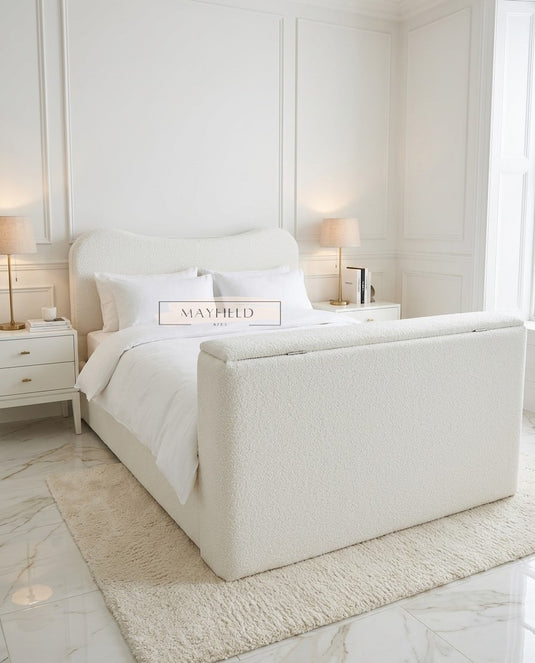 Luxury Teddy Boucle TV bed Frame With ottoman Storage & Mattress Options