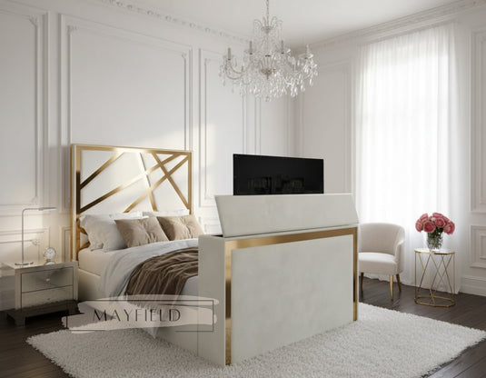 YORK TV Bed with Gold or Silver Strip Designer Headboard